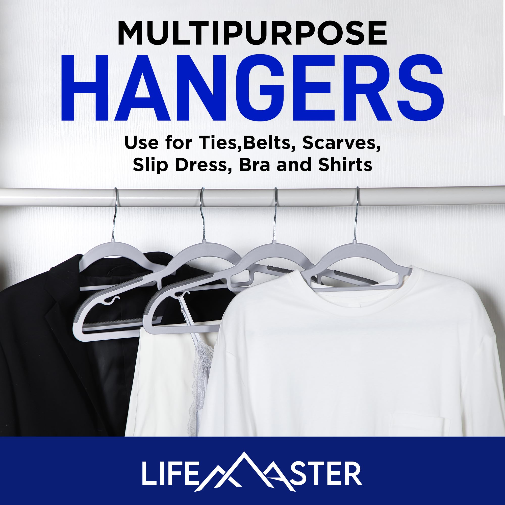 Lifemaster Premium Quality Velvet Non-Slip Clothes Hangers - Set Of 50 Sturdy Black Plastic Coat Hangers With Smooth 360 Swivel